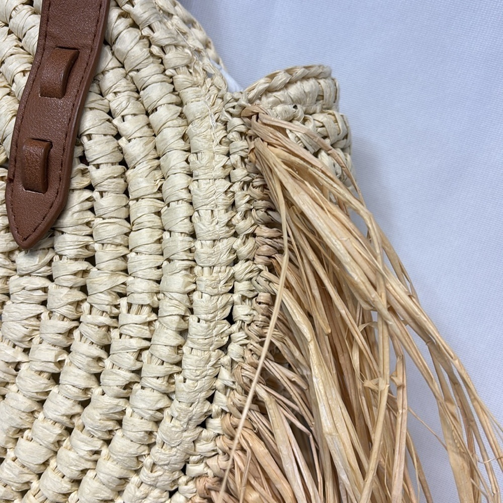INC Melania Straw Fringe Circle Tote bag boho purse - Picture 5 of 13